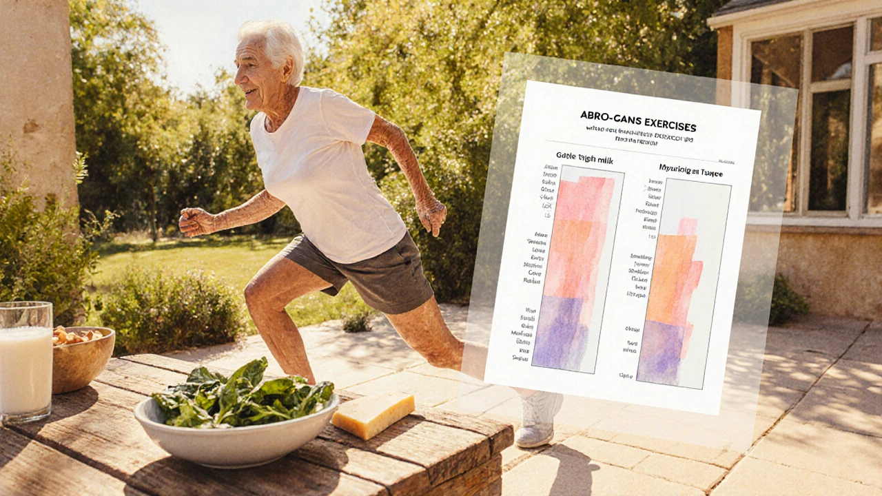 Active senior exercising and eating calcium-rich foods with a DEXA report nearby.
