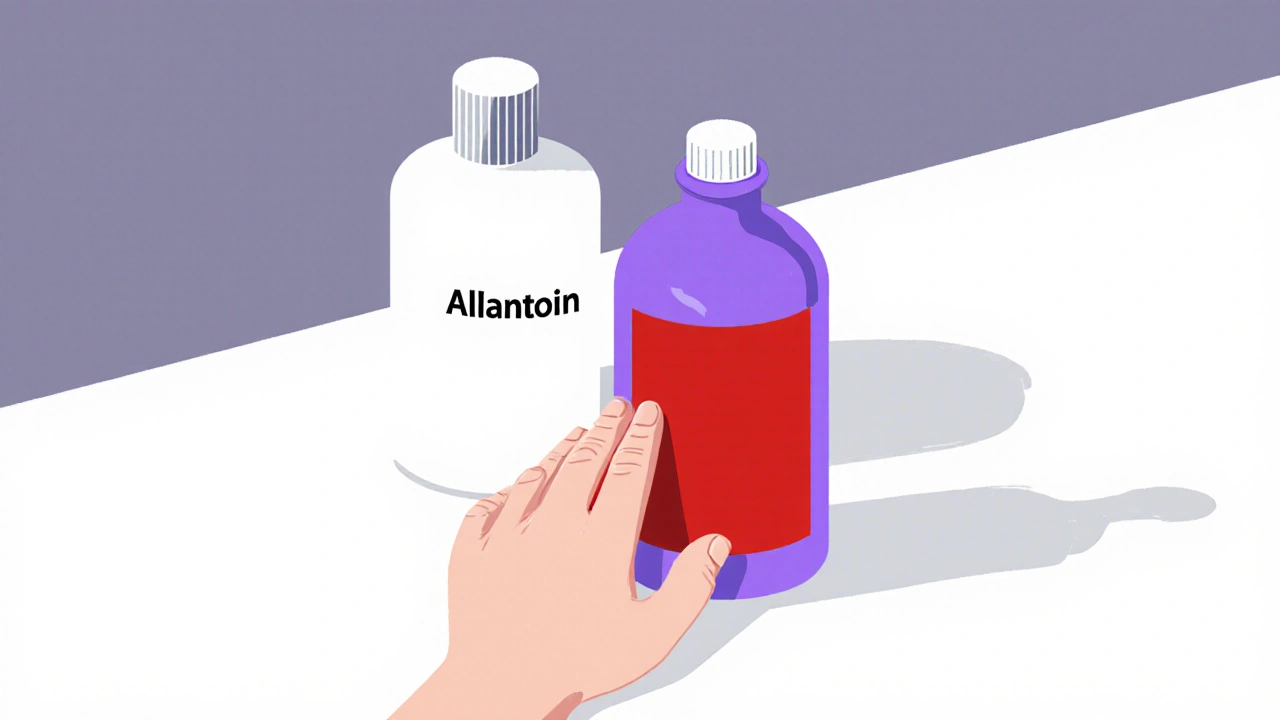 Allantoin bottle gently supporting harsh acne treatments on a bathroom counter.