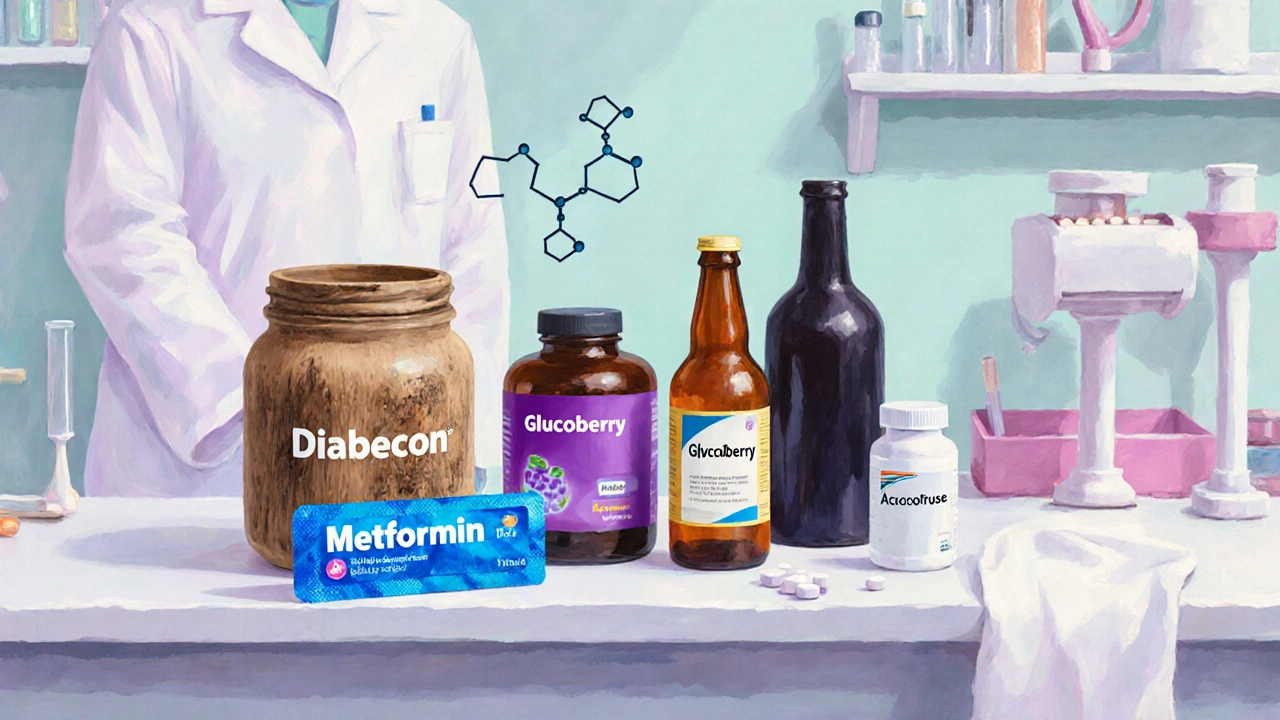 Assorted diabetes supplement bottles and tablets arranged on a lab surface.