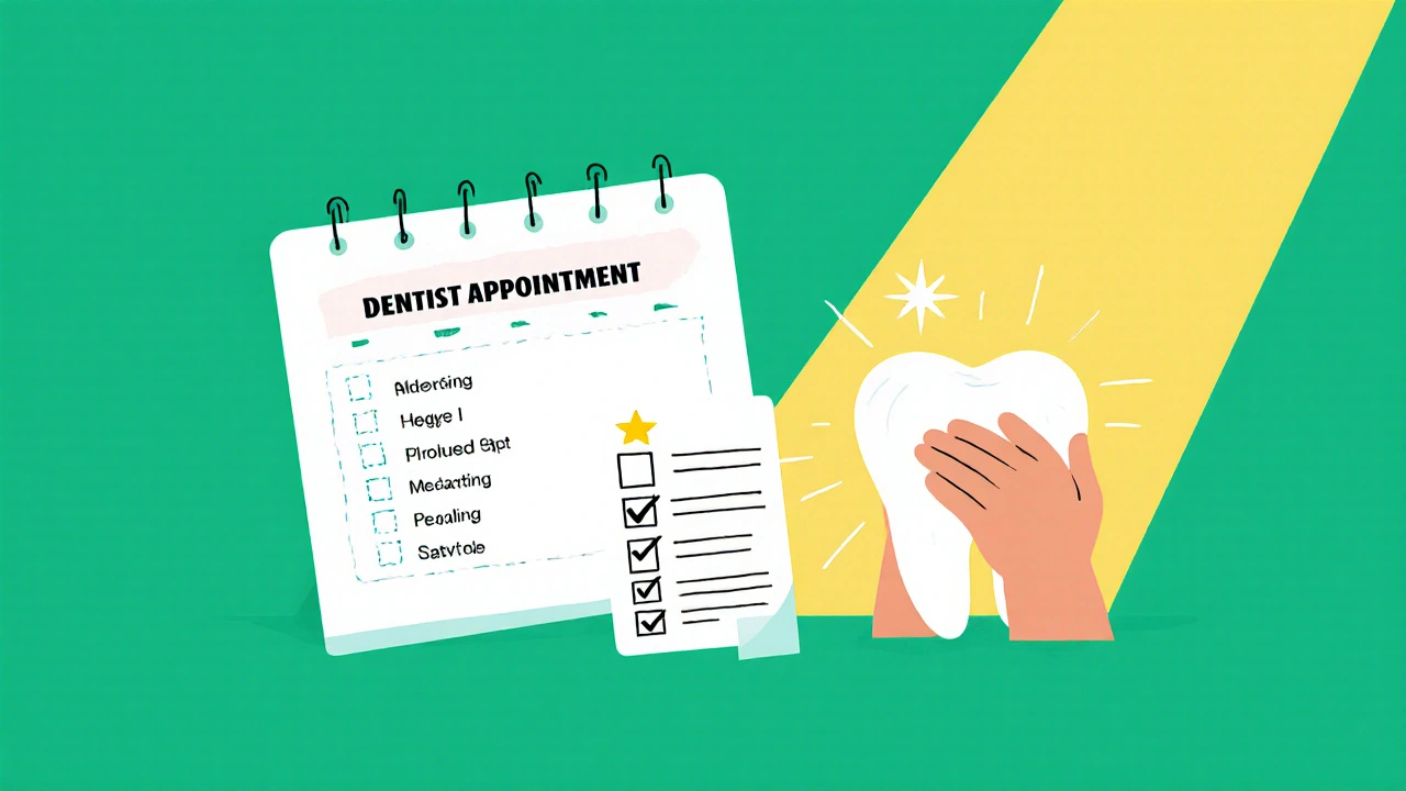 Calendar with dentist appointment and relieved smile beside a sparkling tooth.