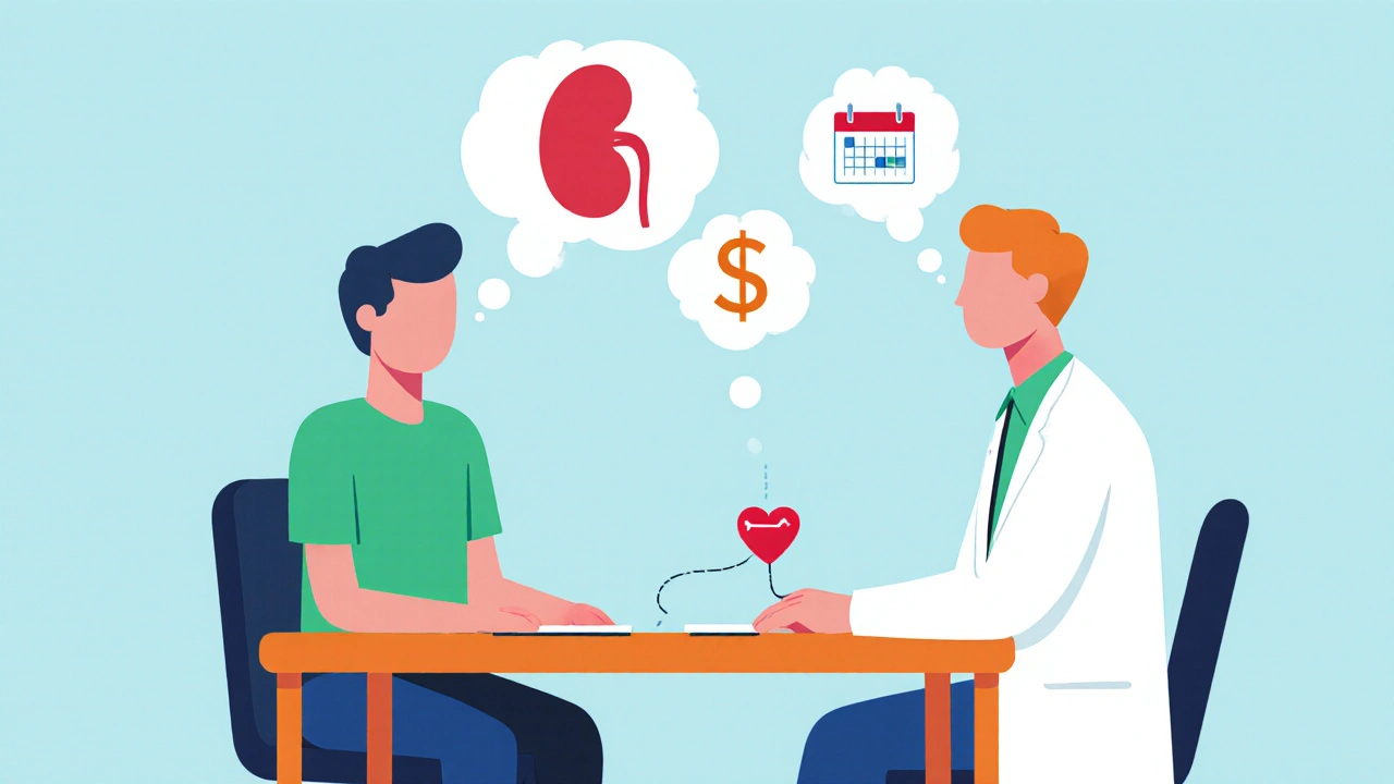 Cartoon of a patient and doctor with floating icons for kidney, cost, and once‑daily dosing.