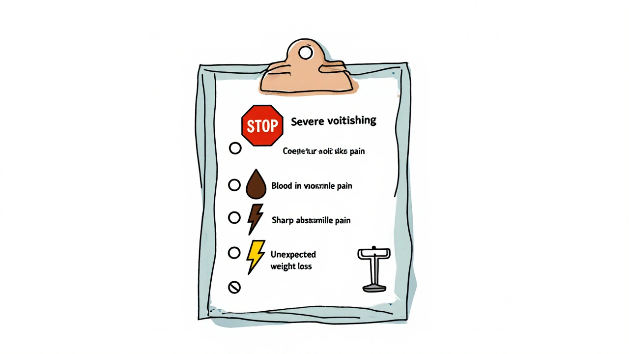 Checklist icons showing vomiting, blood, severe pain, and weight loss warnings.