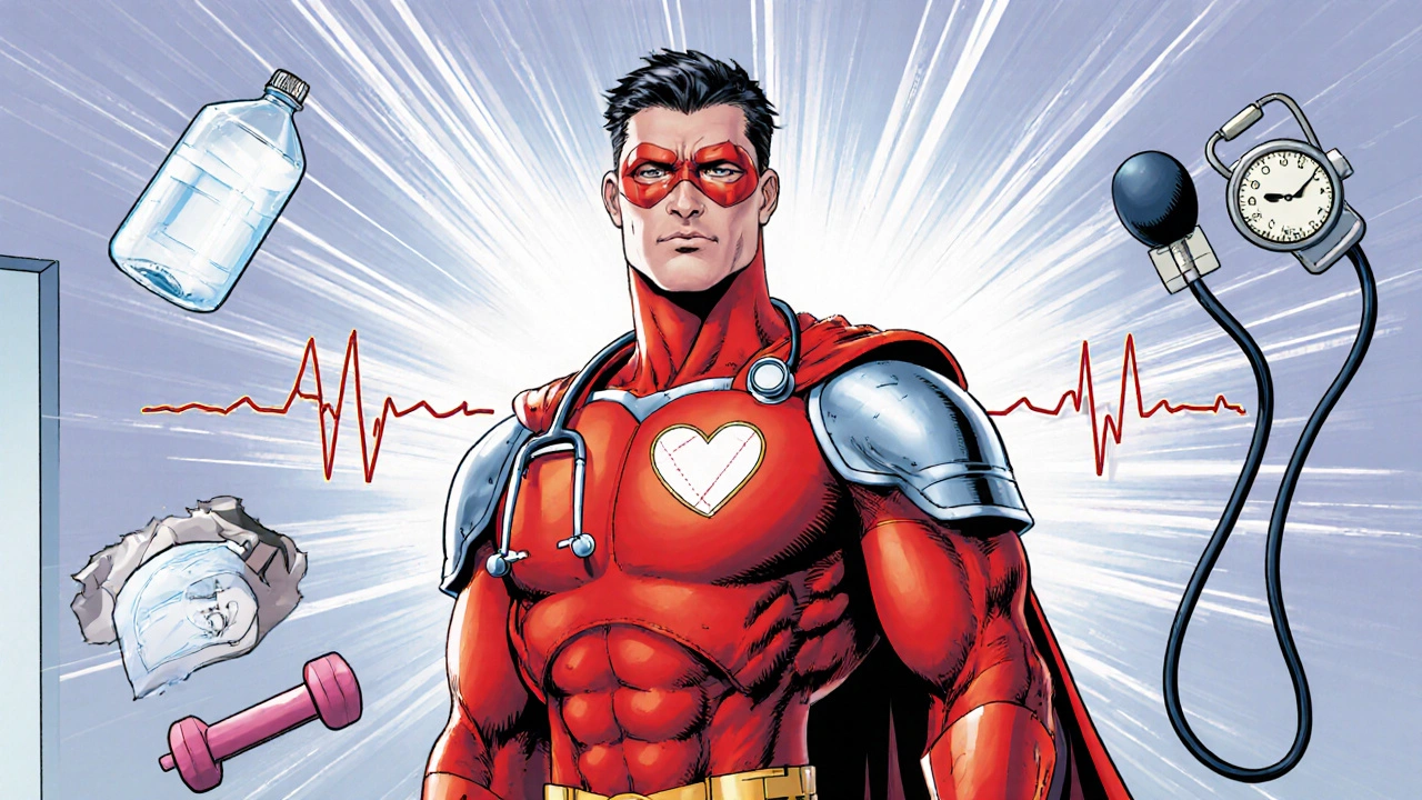 Comic hero heart with healthy lifestyle icons and medical devices.