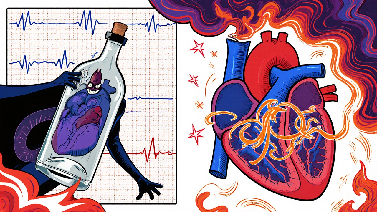 Comic illustration of Alcohol as a villain disrupting heart rhythm.