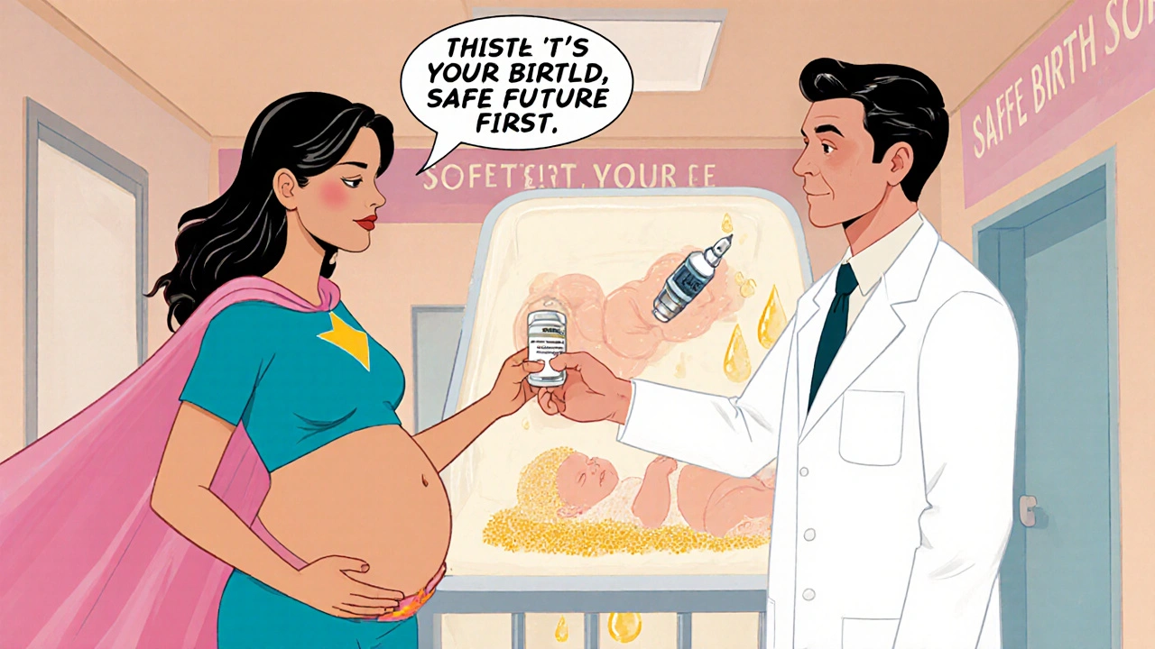 Comic scene of a pregnant superheroine receiving tenofovir and a newborn given vaccine and HBIG.
