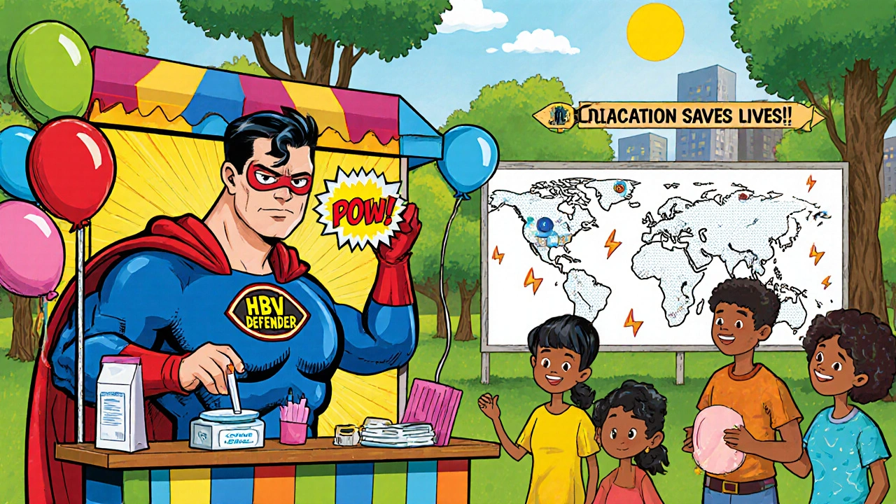 Comic-style health fair with a superhero health worker distributing needle kits and education.