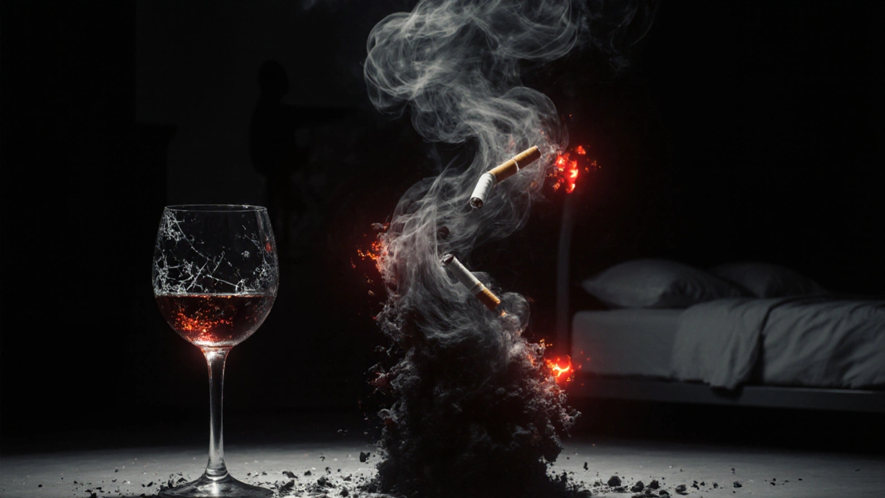 Dark artwork of wine glass and cigarette merging into storm over hospital bed.
