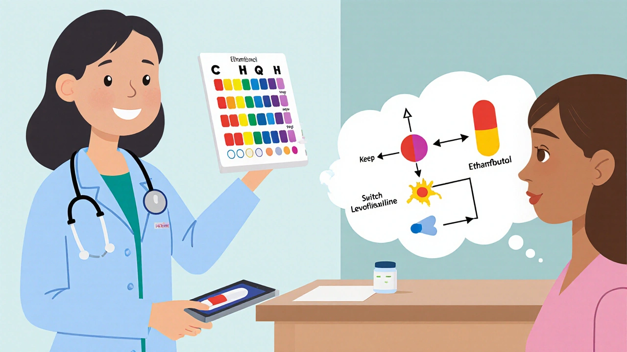 Doctor and patient discussing treatment decisions in a minimalist clinic scene.