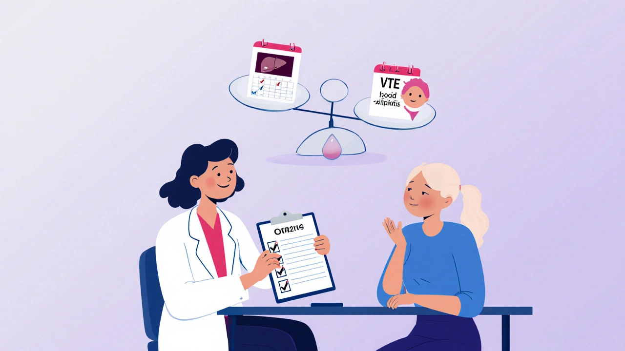 Doctor and patient reviewing health checks with a scale of benefits and risks.