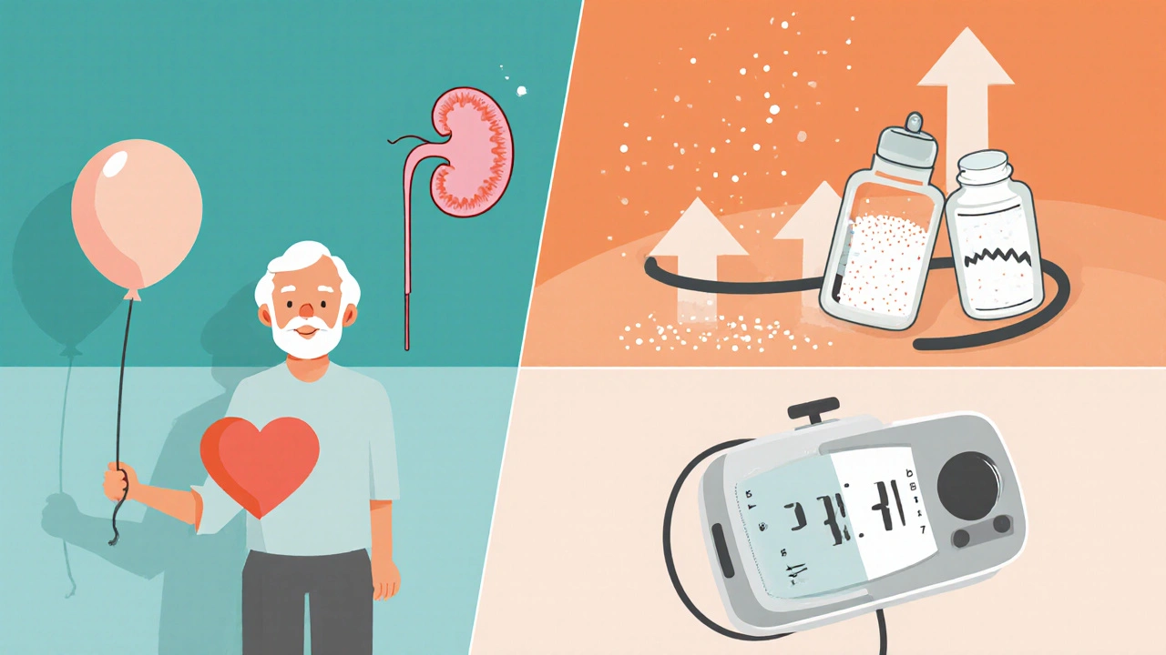 Elderly person with kidney icon, salt shaker, and blood pressure monitor showing higher numbers.