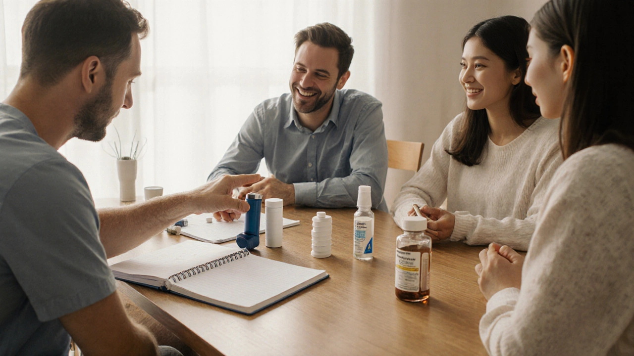 Family and doctor discussing asthma medication options at a dining table.