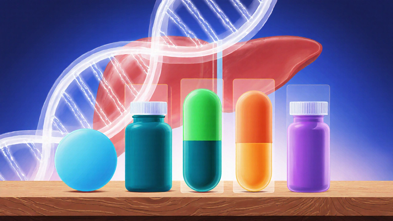 Five colorful pill bottles beside a glowing DNA helix and a liver silhouette.