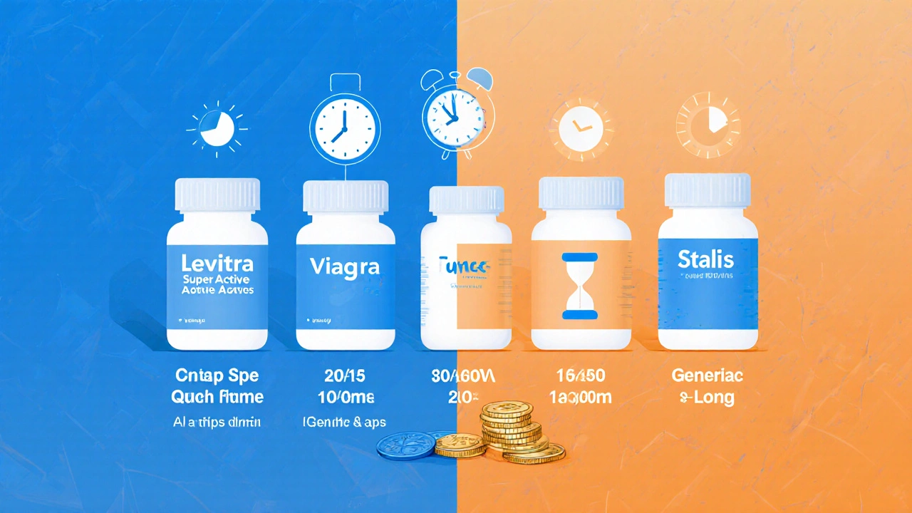 Five different ED medication bottles with clocks and hourglasses showing onset and duration.