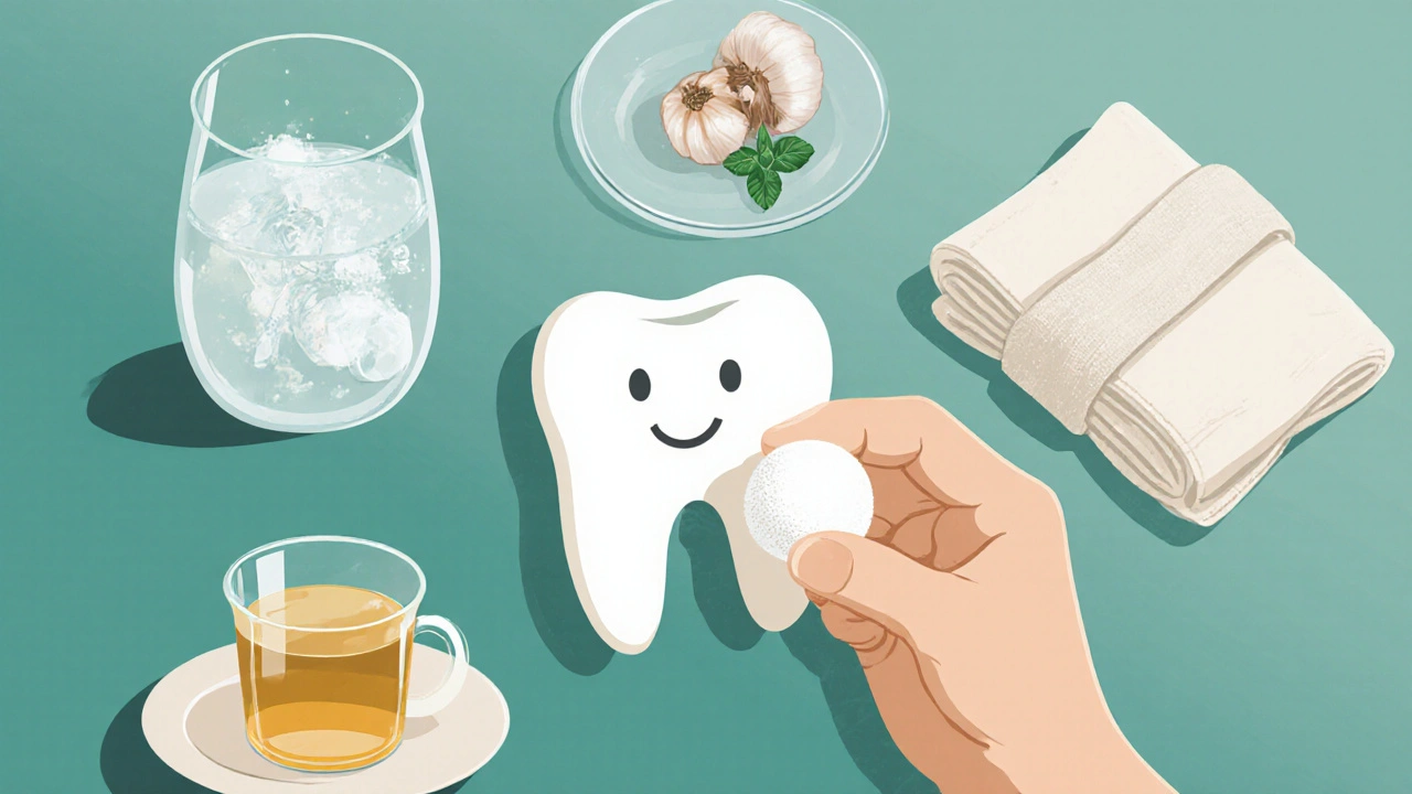 Hand holding clove oil cotton ball and other home remedy items around a tooth.