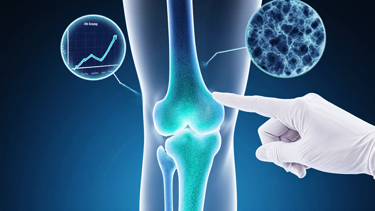 Illustrated femur showing varying bone density with a DEXA scan overlay.