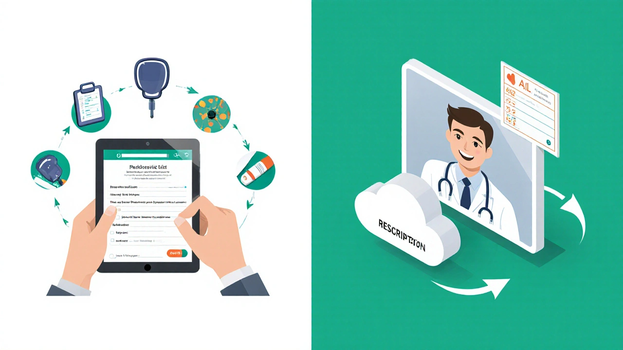 Illustration of a patient filling a telehealth questionnaire and a doctor video call approving a prescription.