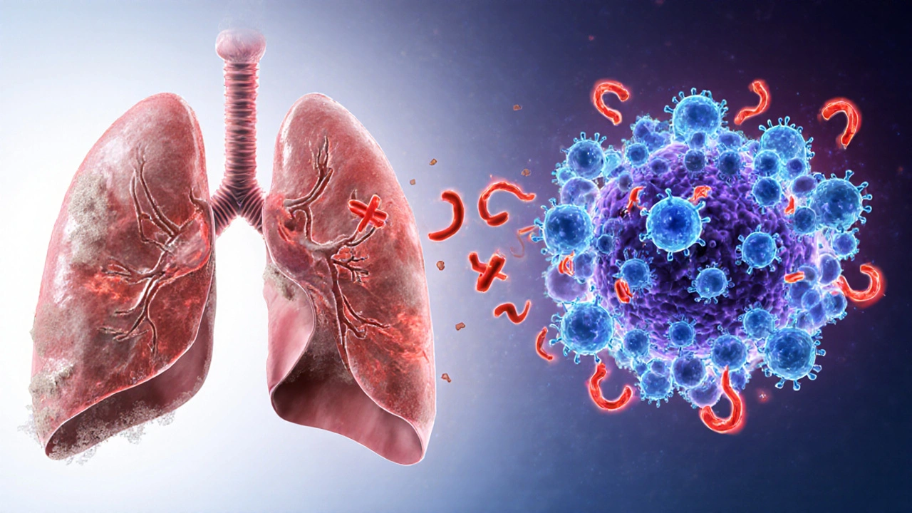 Illustration of airway inflammation blocked by blue montelukast molecules on receptors.