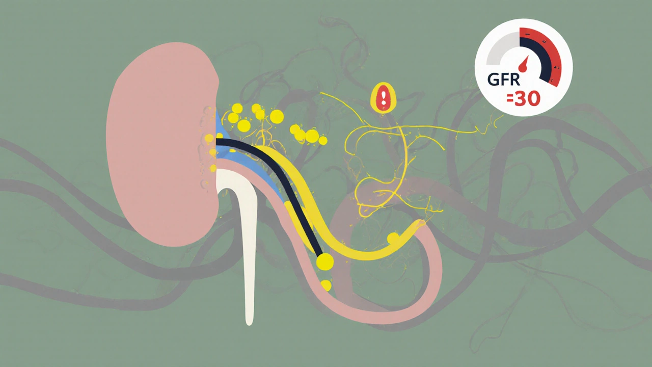 Kidney diagram showing magnesium ions filtered and re‑absorbed, with low GFR warning.