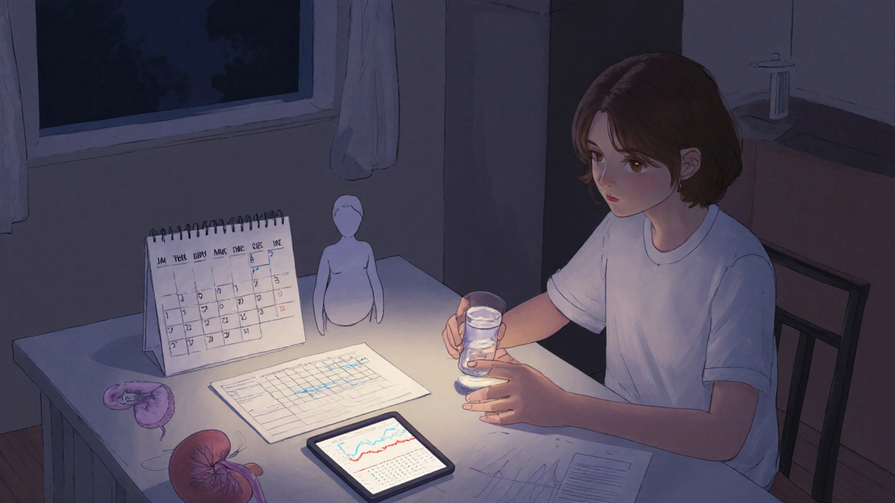 Patient at home with pill bottle, calendar, kidney sketch, and tablet showing lab graphs.