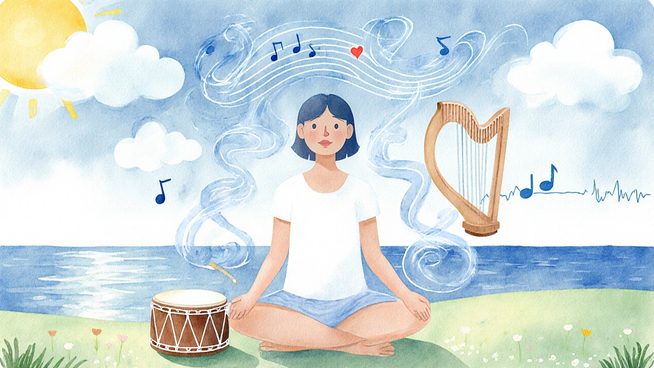 Patient with eyes closed, drifting through a serene landscape as musical notes swirl around.