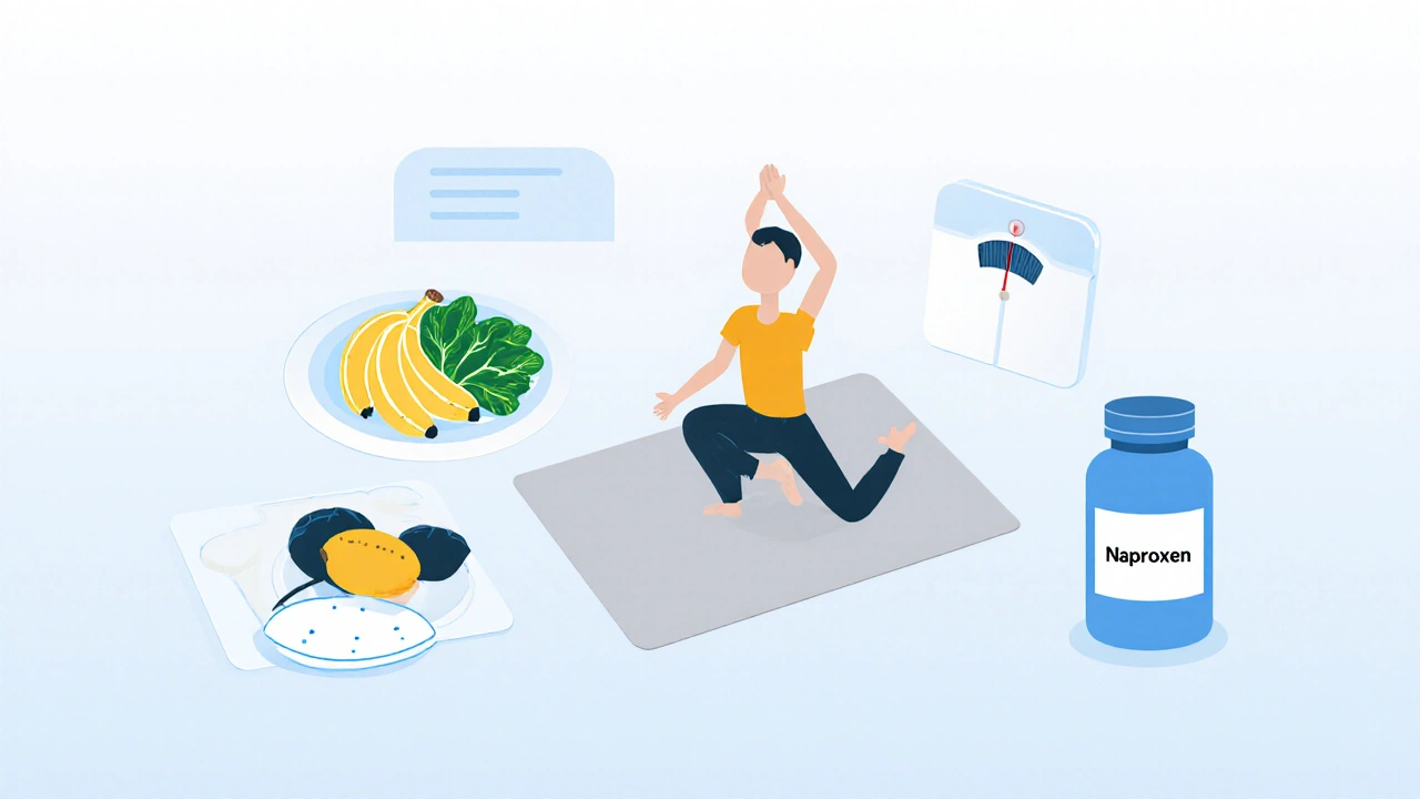 Person doing yoga with healthy foods, scale, and naproxen bottle illustrating alternatives.