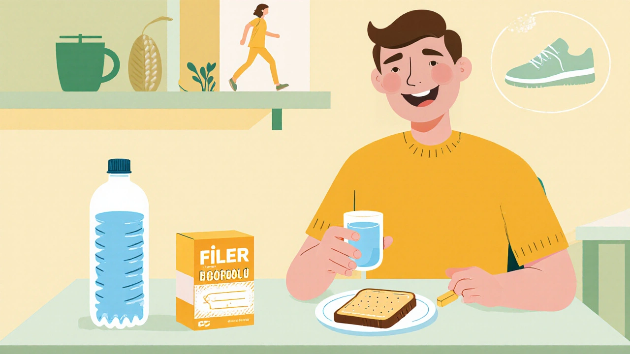 Person taking bisoprolol with toast, water, fiber box, and walking shoe icons.