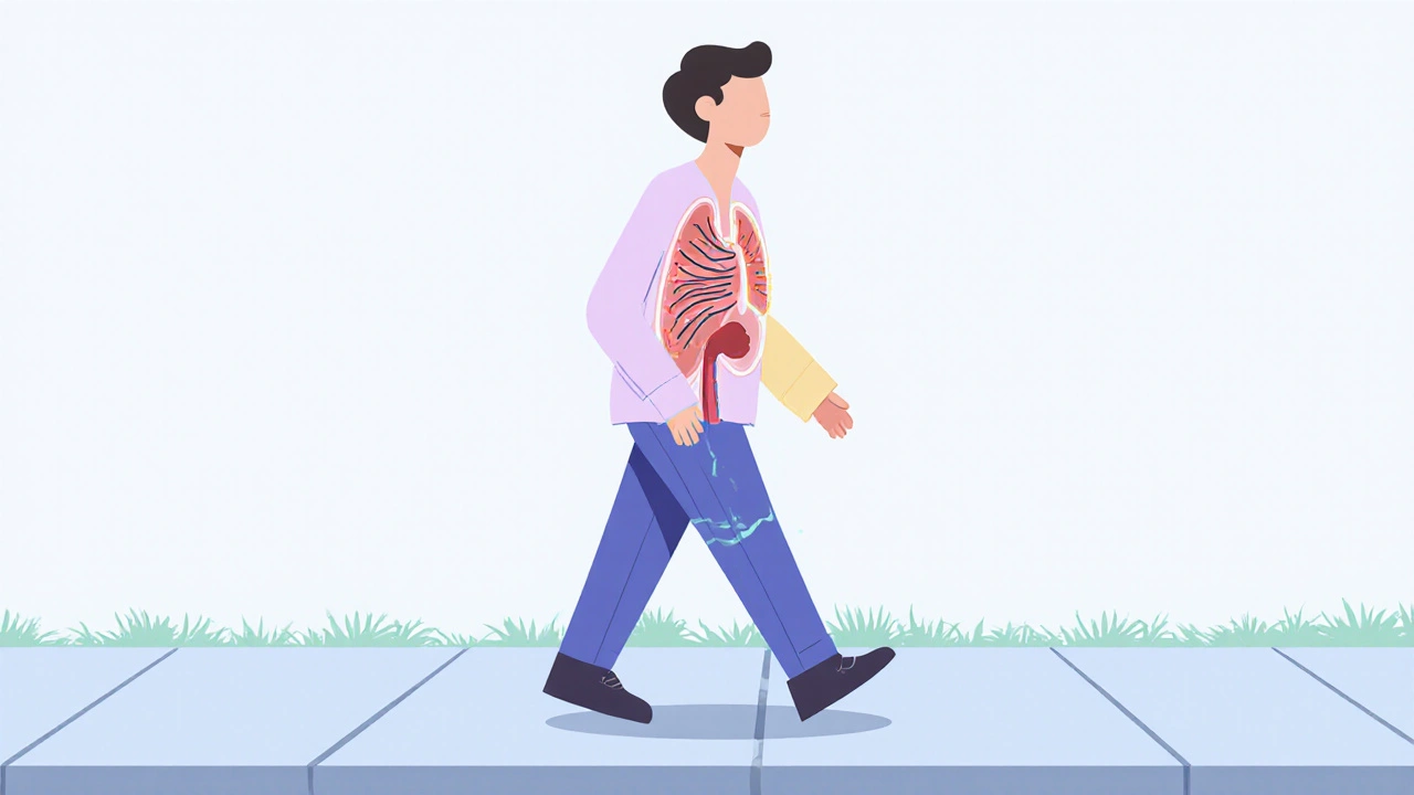Person walking with one side of chest showing clear airways and the other clogged, symbolizing improved breathing.