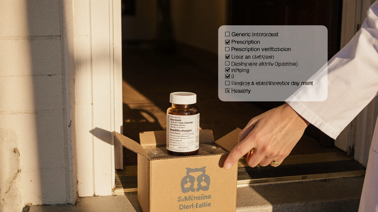Pharmacist delivering a sealed generic quetiapine bottle with a checklist of safe steps.