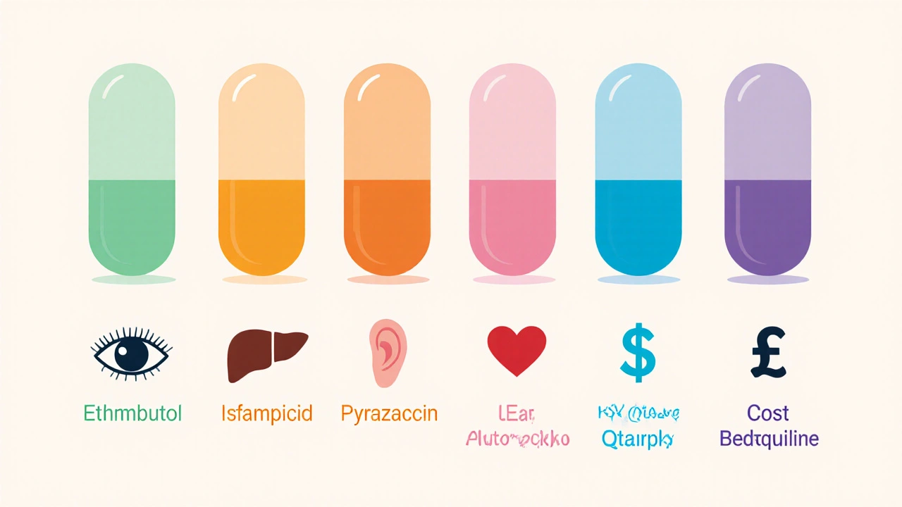 Row of simple pill icons for various TB drugs with tiny symbol icons.