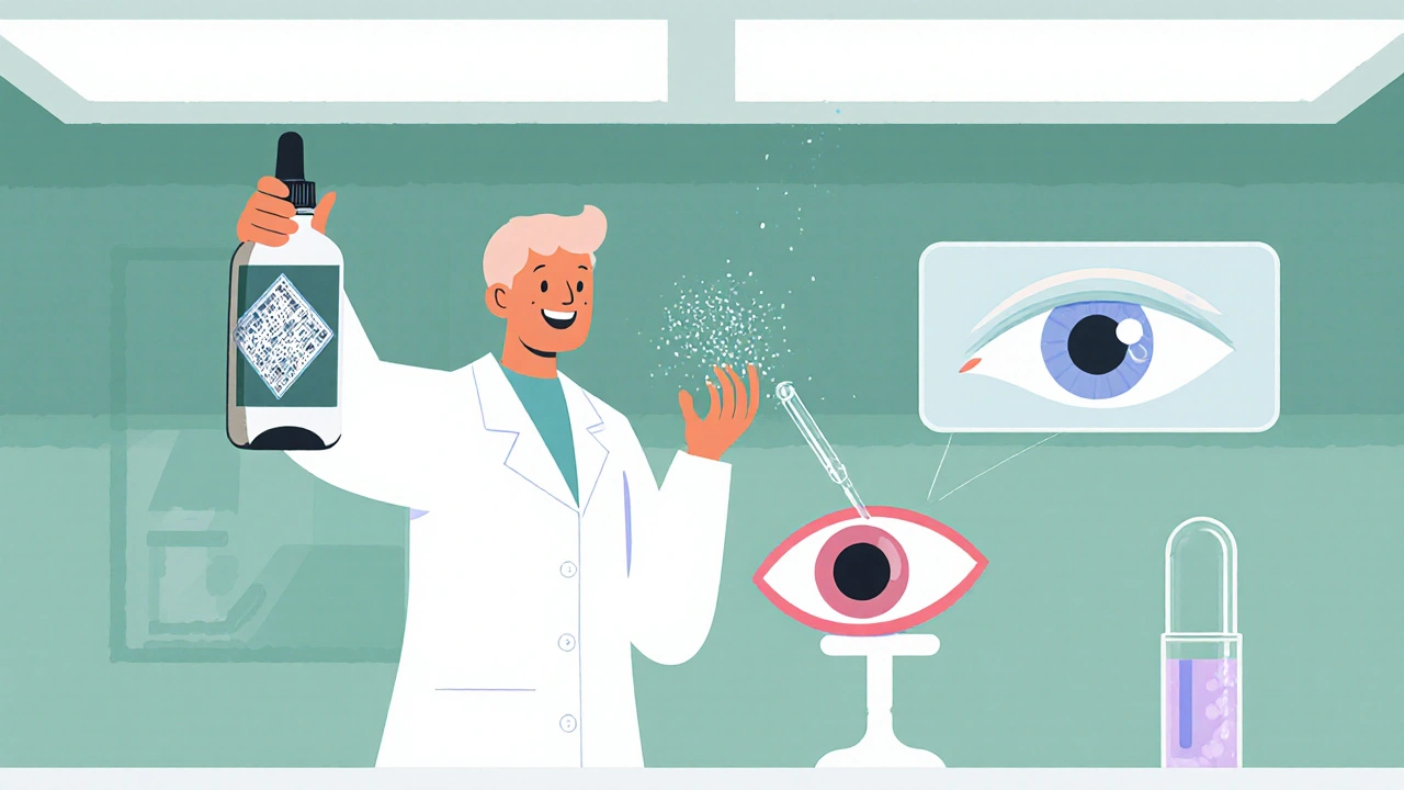 Scientist holding a nanodrop bottle next to an eye model, with nanoparticle cloud and insert.