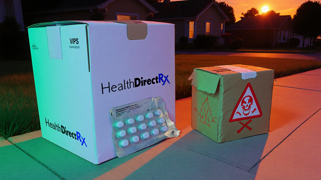 Side‑by‑side view of a legitimate pharmacy package with seal versus a suspicious scam parcel.