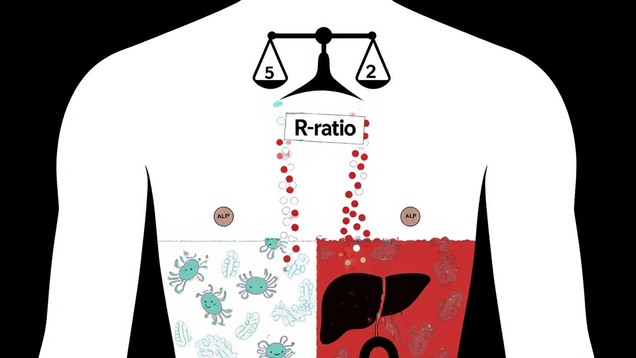 Split torso showing healthy gut vs. toxin leakage causing liver injury.