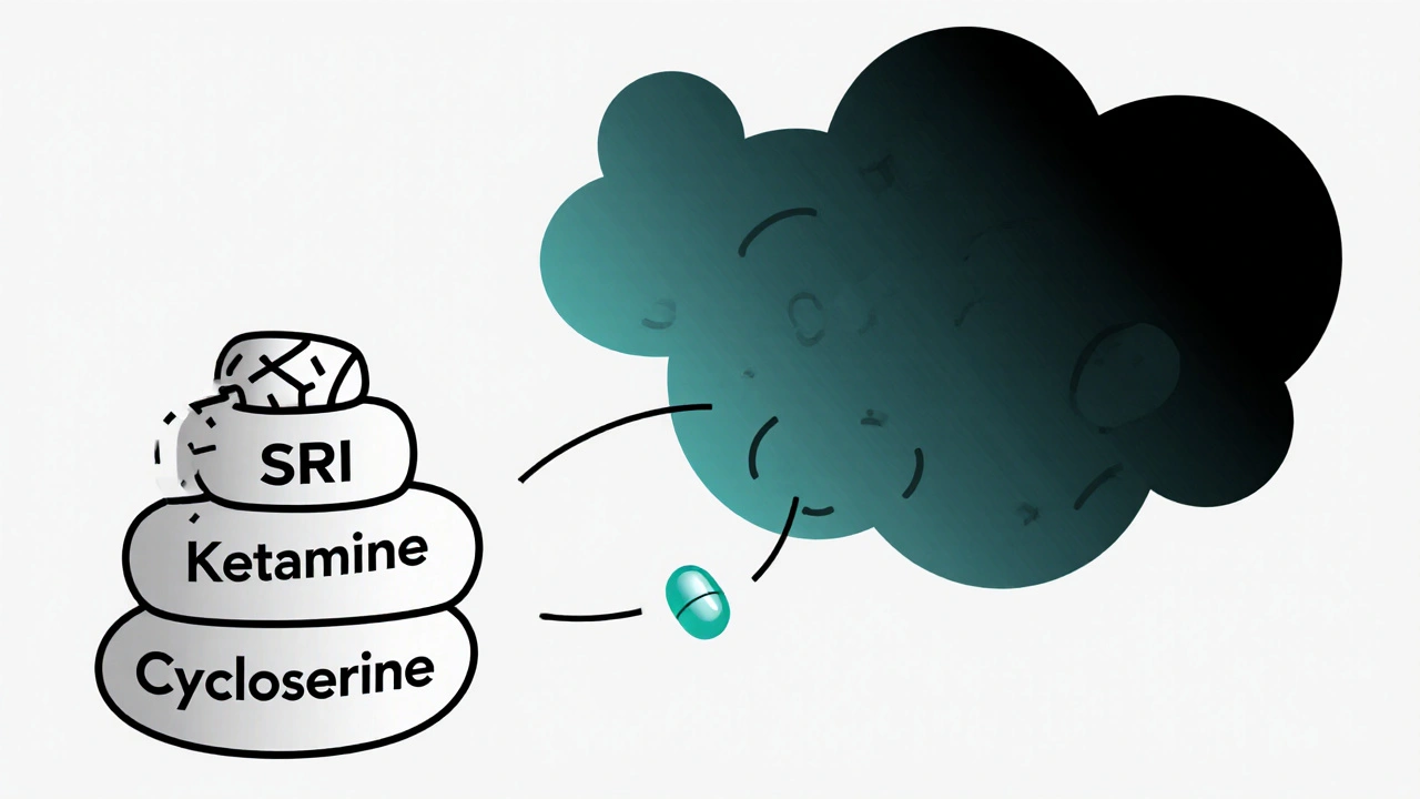 Three depression treatments compared visually, with cycloserine as the smallest pill connected to brain and thought patterns.