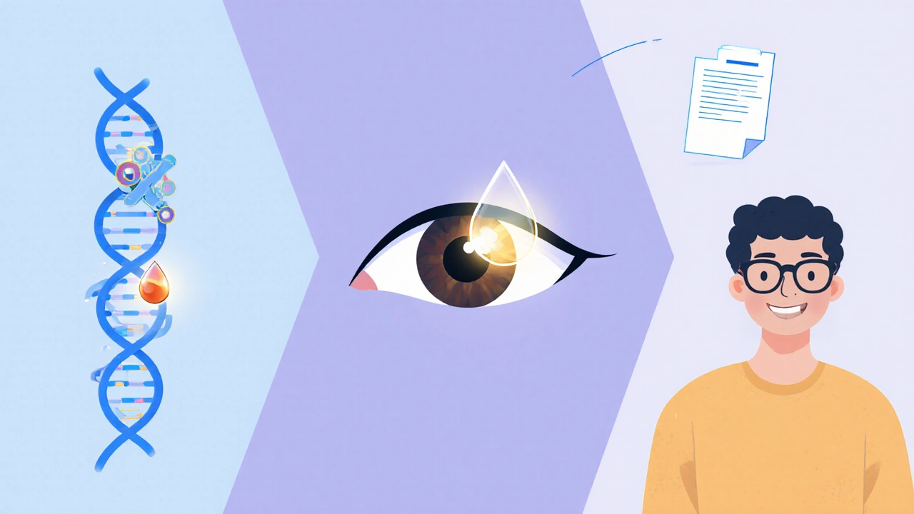 Three‑panel roadmap showing DNA, nanodrop, and patient with bright eyes.