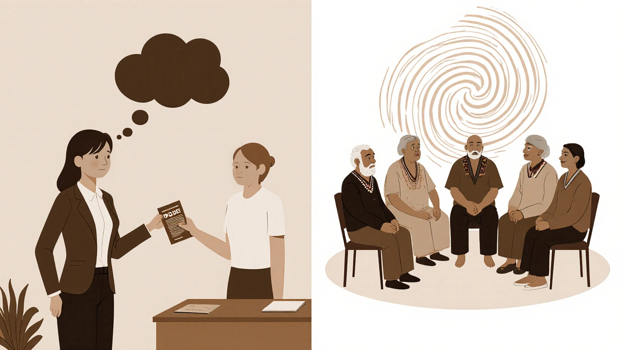 Two scenes: a woman hesitating at work and a Māori elder in a supportive circle.