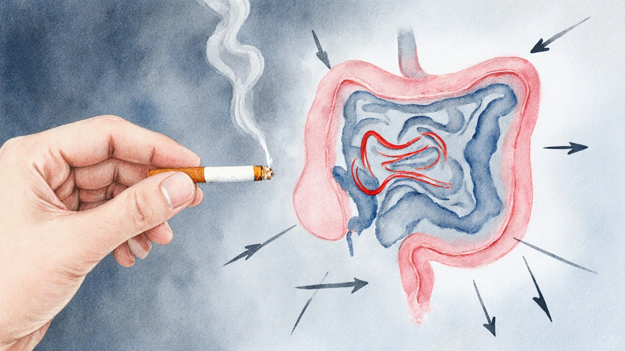 Watercolor of a smoking hand above stomach showing reduced muscle movement.