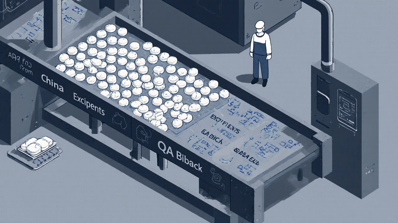 A factory conveyor belt producing generic pills with simplified icons for each manufacturing step, viewed from above.