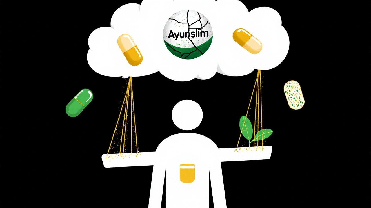 A person on a scale with dull Ayurslim capsule above, overshadowed by glowing alternatives pulling weight down.