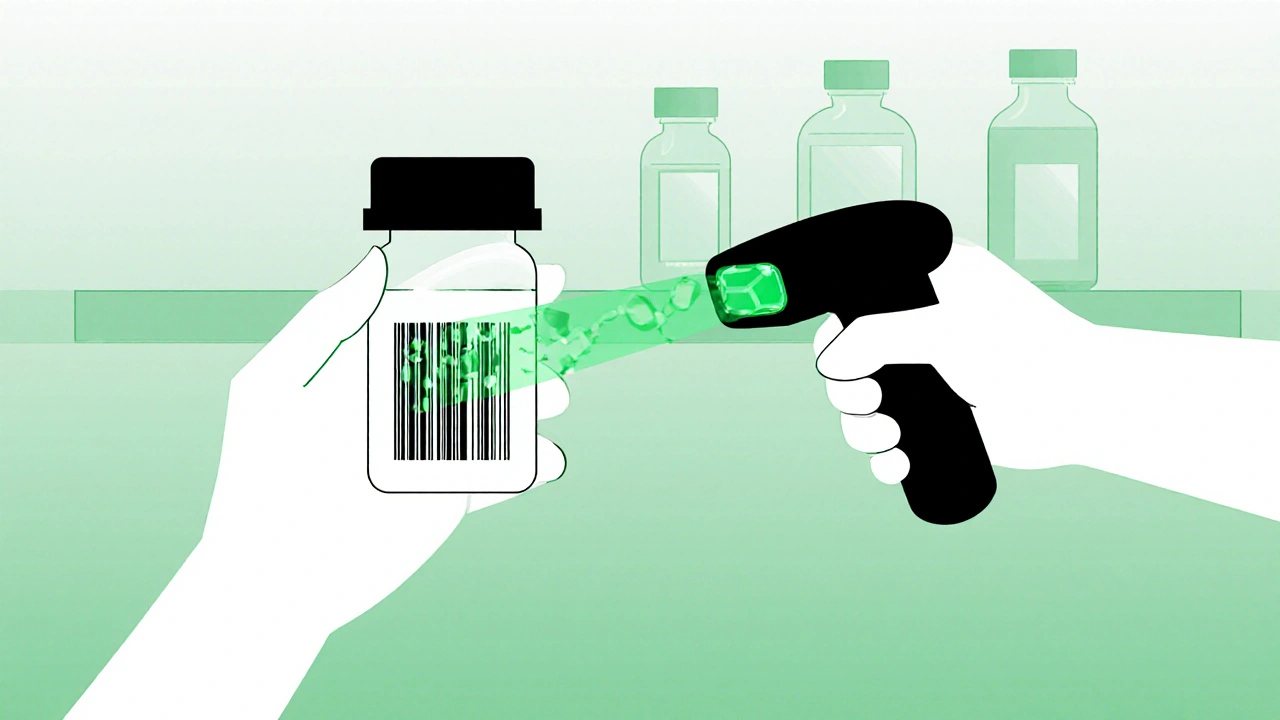 A pharmacist holding a pill bottle with a molecular taggant visible inside, scanned by a green light from a handheld device.