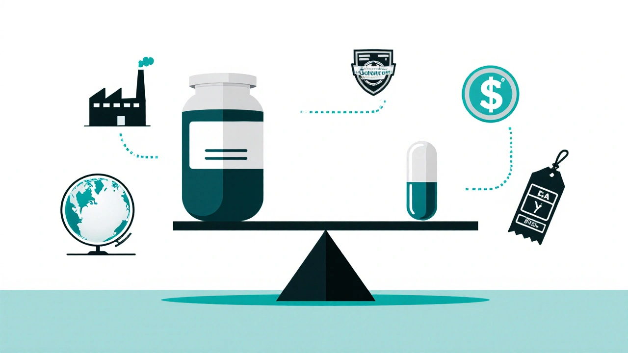 A scale balancing a large branded pill against a small generic pill, surrounded by symbols of cost, supply chain, and regulation.