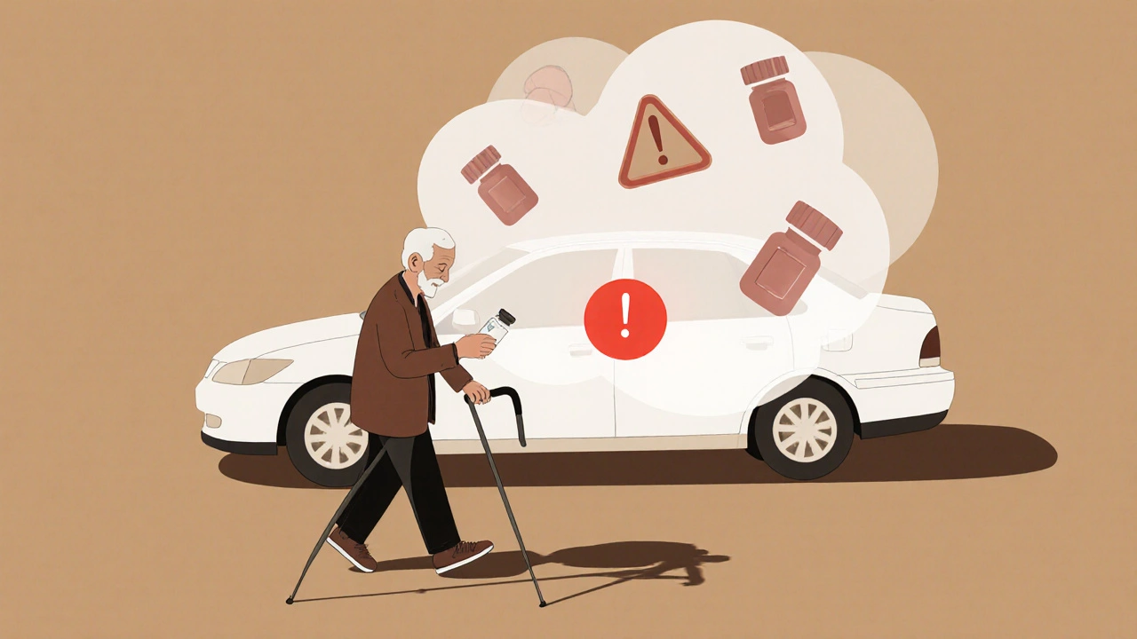 An elderly person holding medication as floating pills surround them, hinting at driving danger.