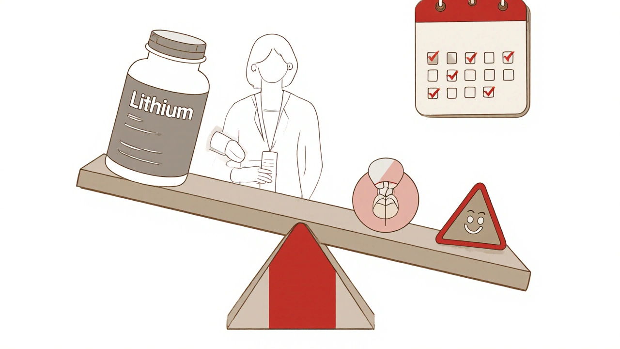 Balance scale tipping under drug interaction risks, with medical warning symbols and a blood test strip.