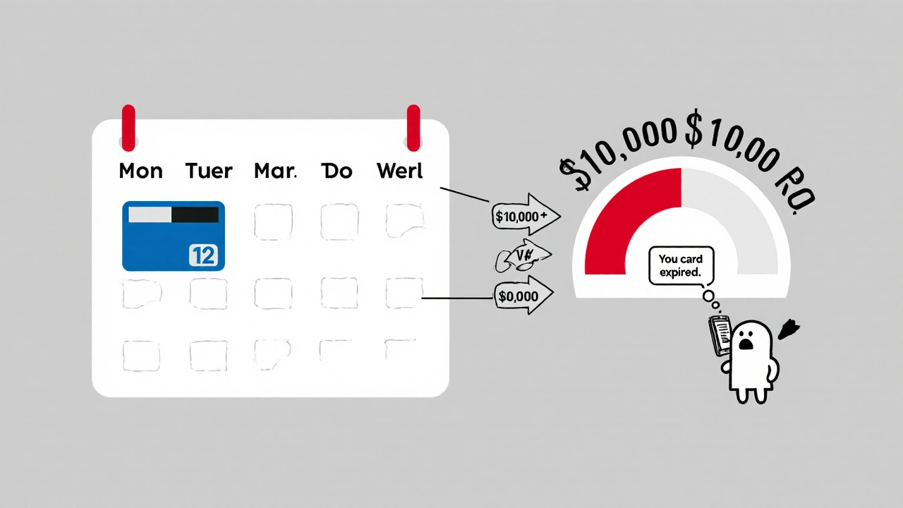 Calendar showing a copay card expiring at month 12 while a deductible meter stays at zero despite high payments.