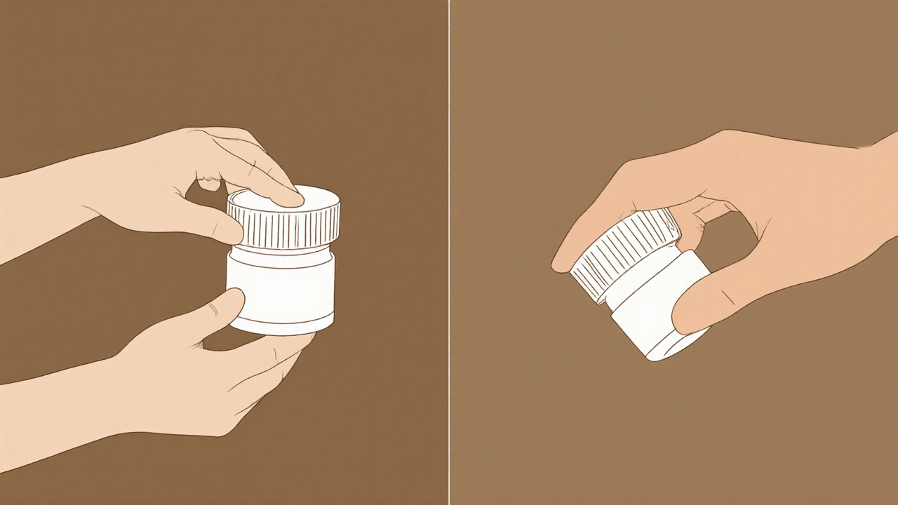 Child and adult hands comparing how to open a child-resistant cap.