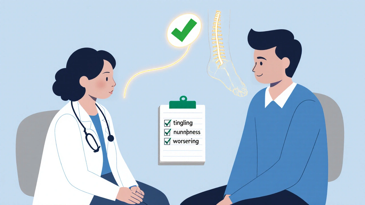 Doctor and patient reviewing symptom notebook, with glowing nerve path showing early detection.