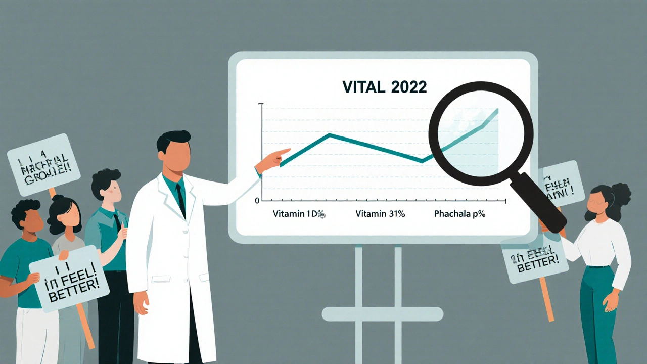 Doctor pointing to clinical trial graph showing no difference in muscle pain