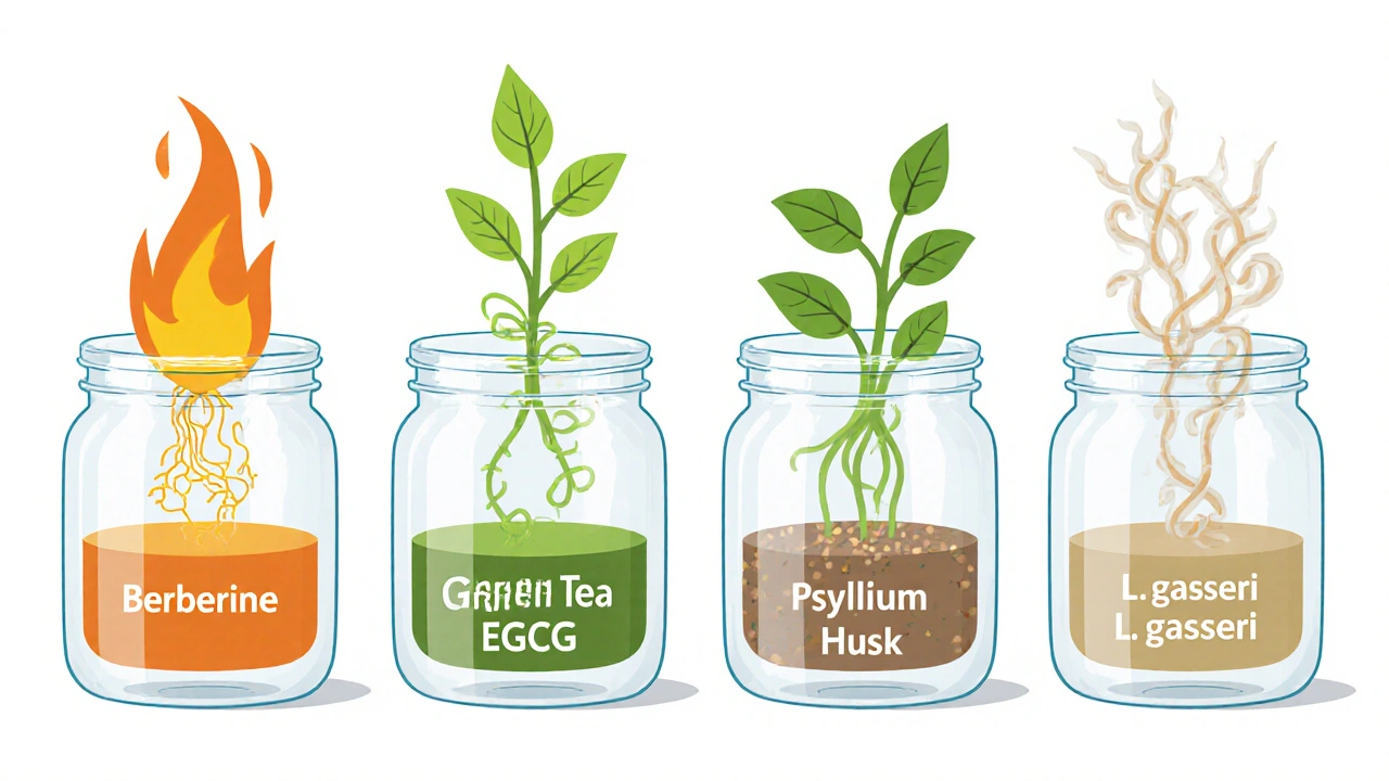 Four clear jars with icons representing science-backed weight loss supplements: berberine, green tea, fiber, probiotics.