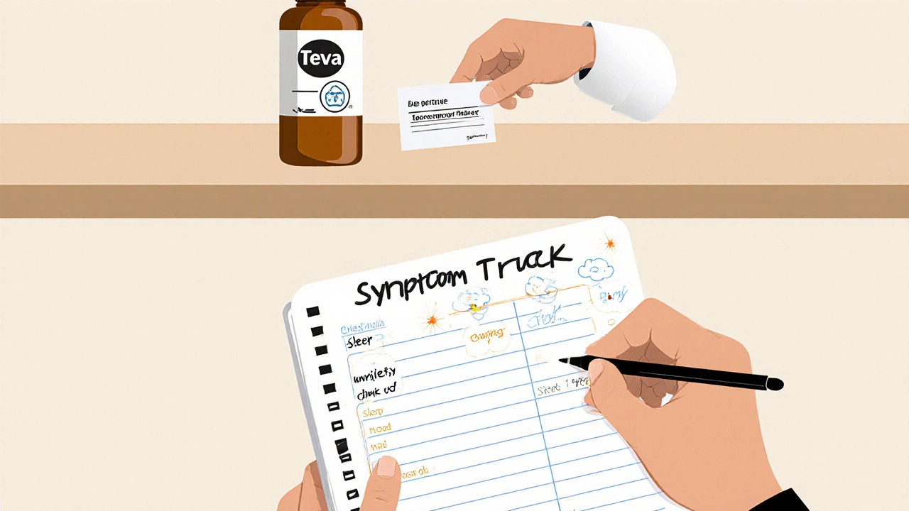 Hand writing symptom tracker while pharmacist hands over generic medication bottle.