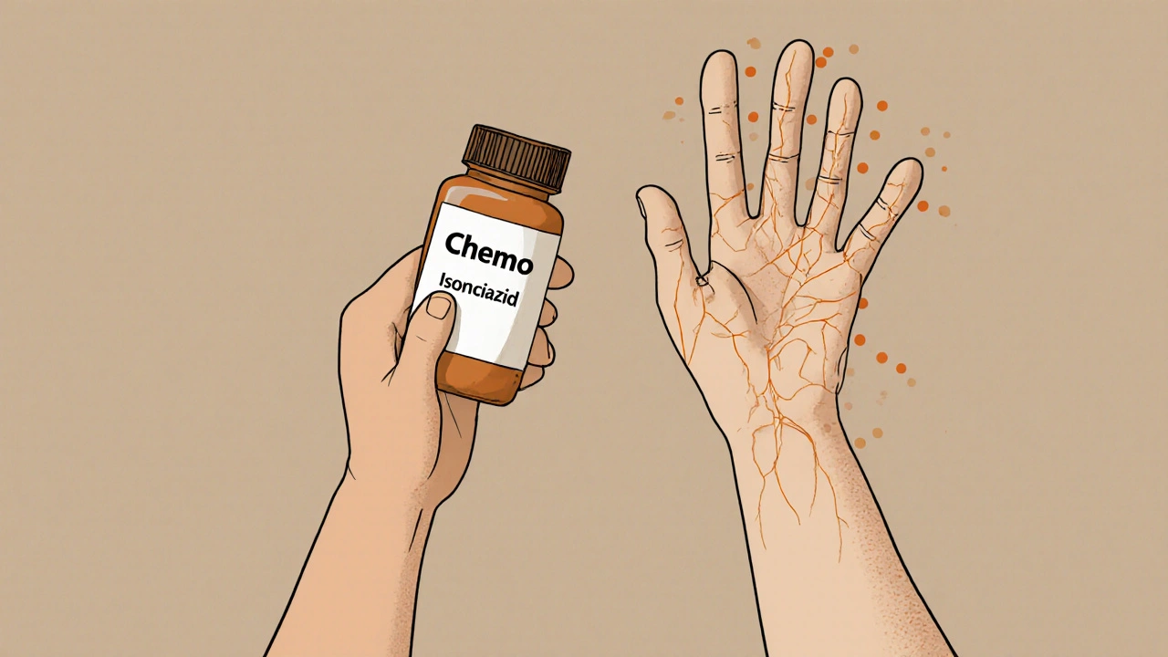 Hands holding medication bottles with nerve pathways fading into glove-like shapes.