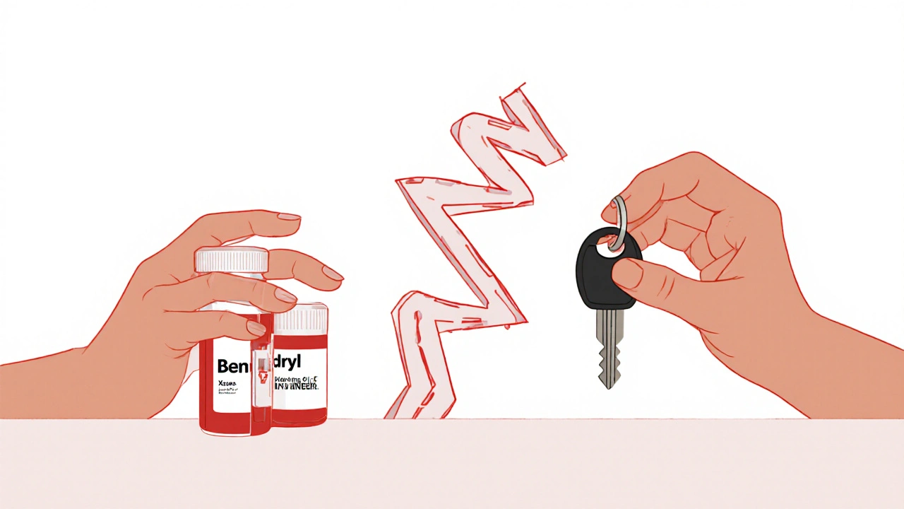 Hands reaching for pills and a car key, with a fading road map behind, representing risk.